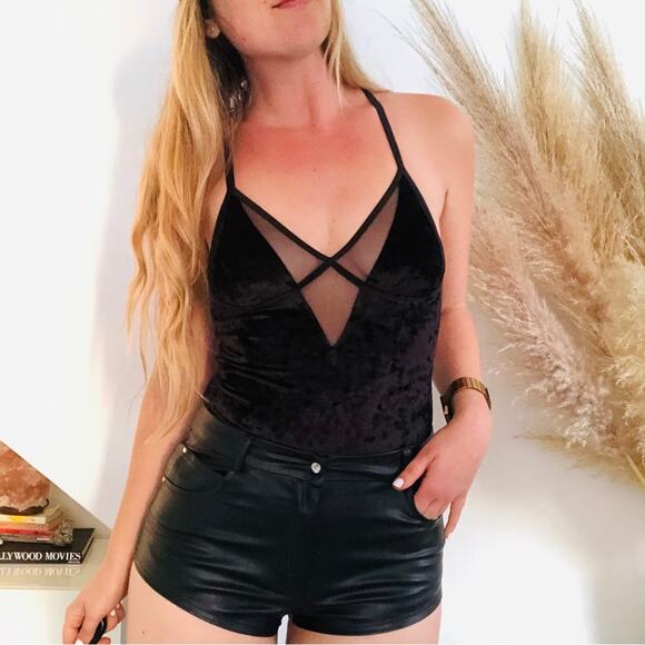 NEW SAM EDELMAN Crushed Black Velvet Mesh Cutout Tank Top Strappy Bodysuit M - Picture 1 of 14